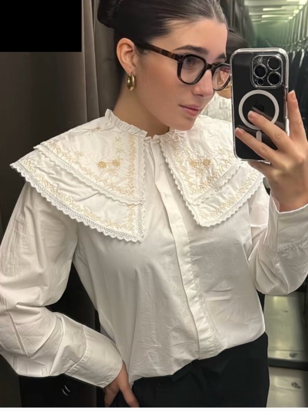 Zara Women EMBROIDERED PETER PAN COLLAR POPLIN SHIRT Oyster-white 0881/122